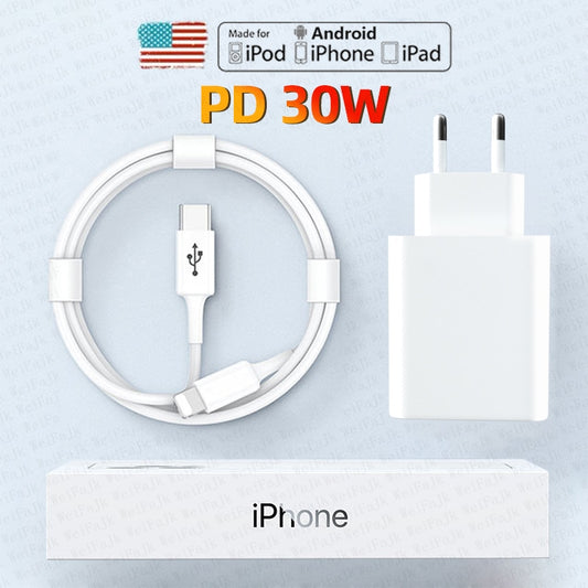 Original 30W Charger Fast Charging For iPhone 14 13 12 11 Pro Max X XS XR 8Plus AirPods Quick Adapter USB Type C To iPhone Cable